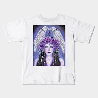 Goddess with white ravens by Renee Lavoie Kids T-Shirt